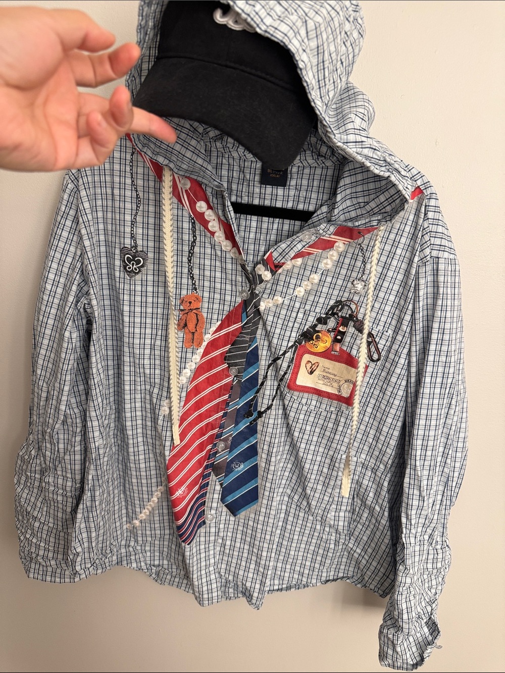 Plaid Hooded Button-Up Shirt with Red & Blue Tie Accents - Picture 3 of 4